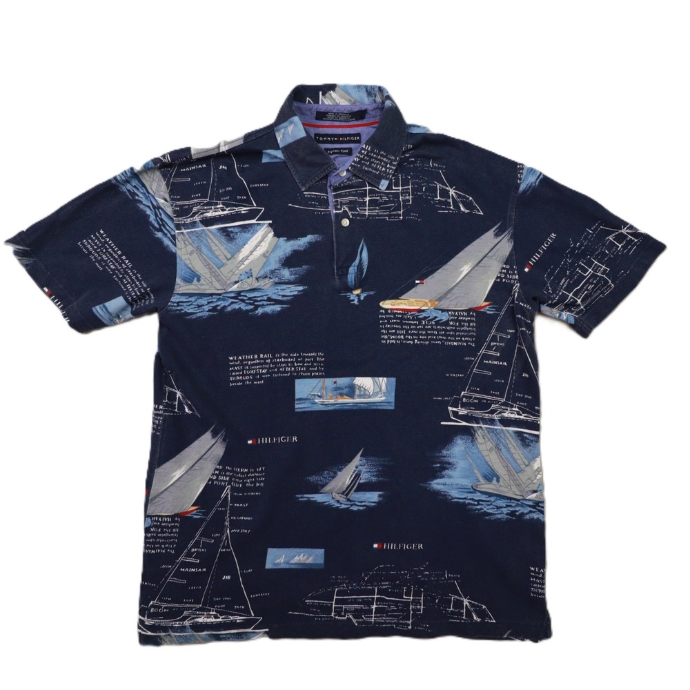 Tommy Hilfiger Vintage Blue Sailboat Print Short Sleeve Polo Shirt Men's Large
